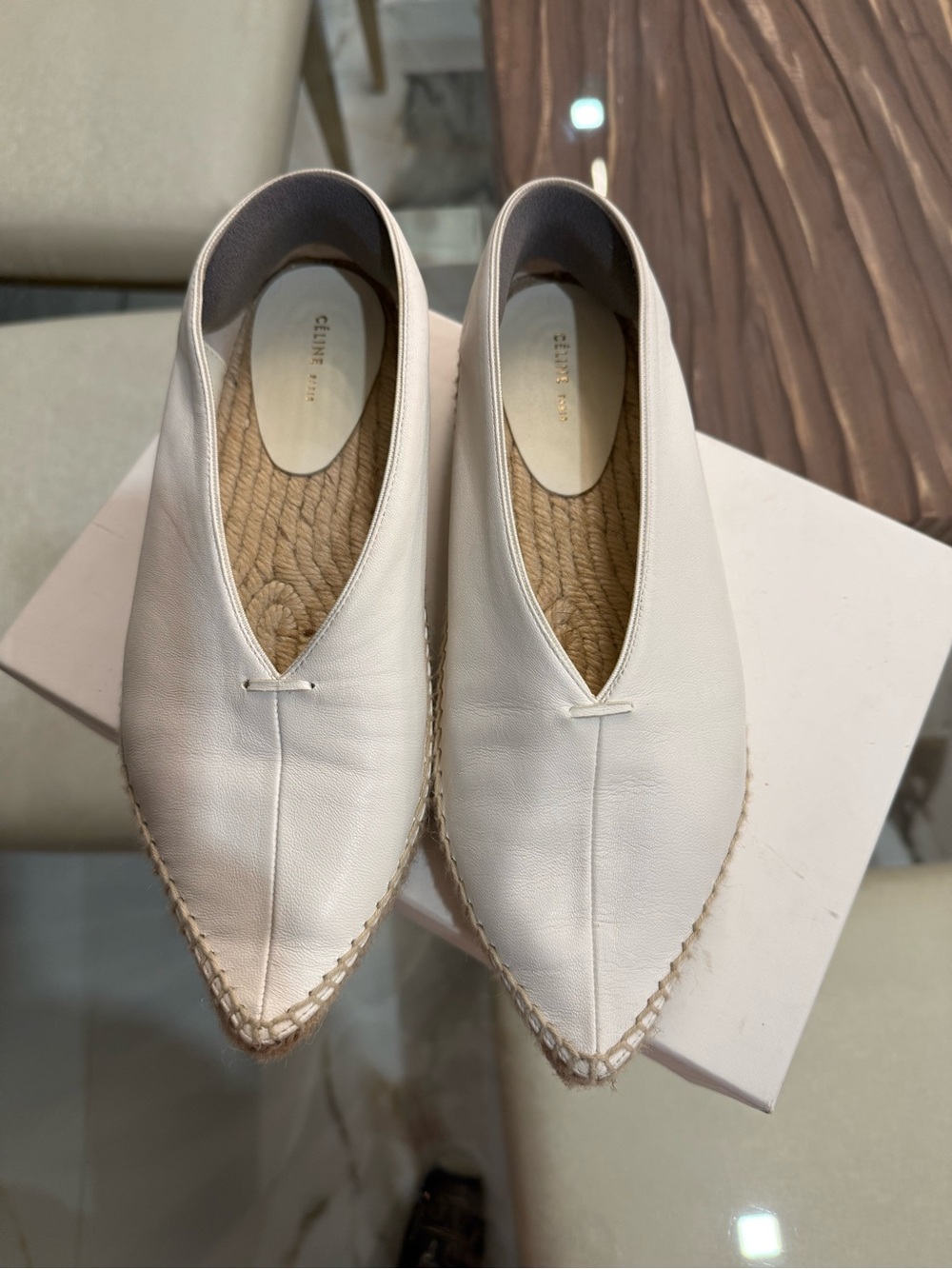 CELINE White Leather Pointed Espadrille Flats